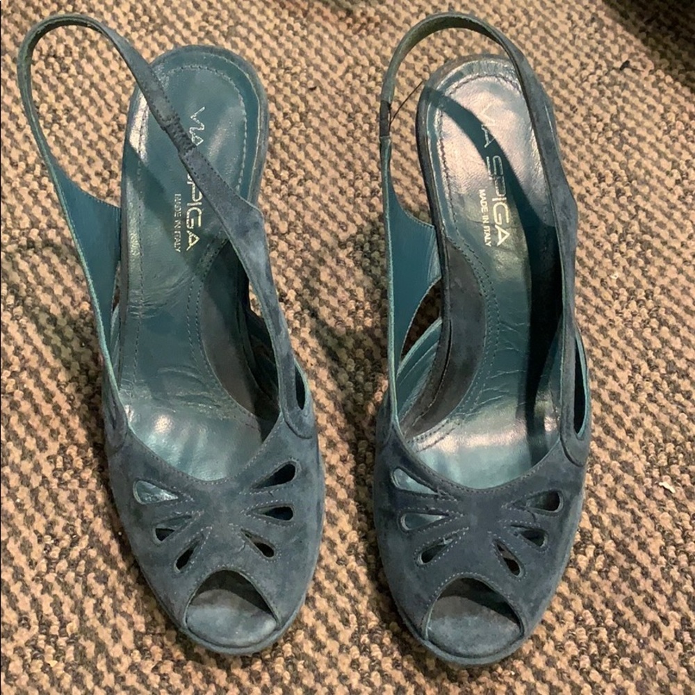 Suede open toe blue heels